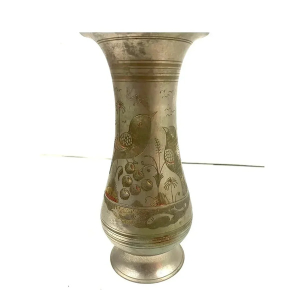 VTG Silver Tone Metal Middle Eastern Vase With Etching 8" Tall Birds Fish - Picture 8 of 14